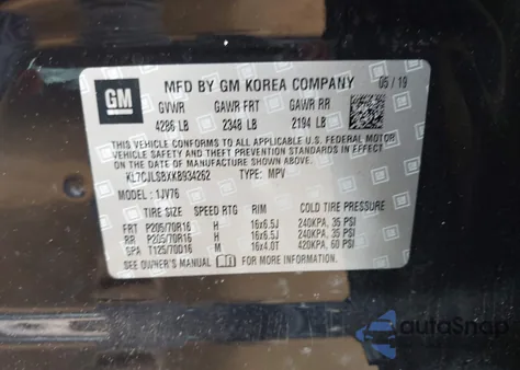 2019 Chevrolet Trax Lt z USA, uszkodzony, nr VIN KL7CJLSBXKB934262